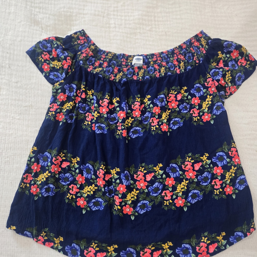 Old Navy Floral Blouse - Navy with Coral and Yellow